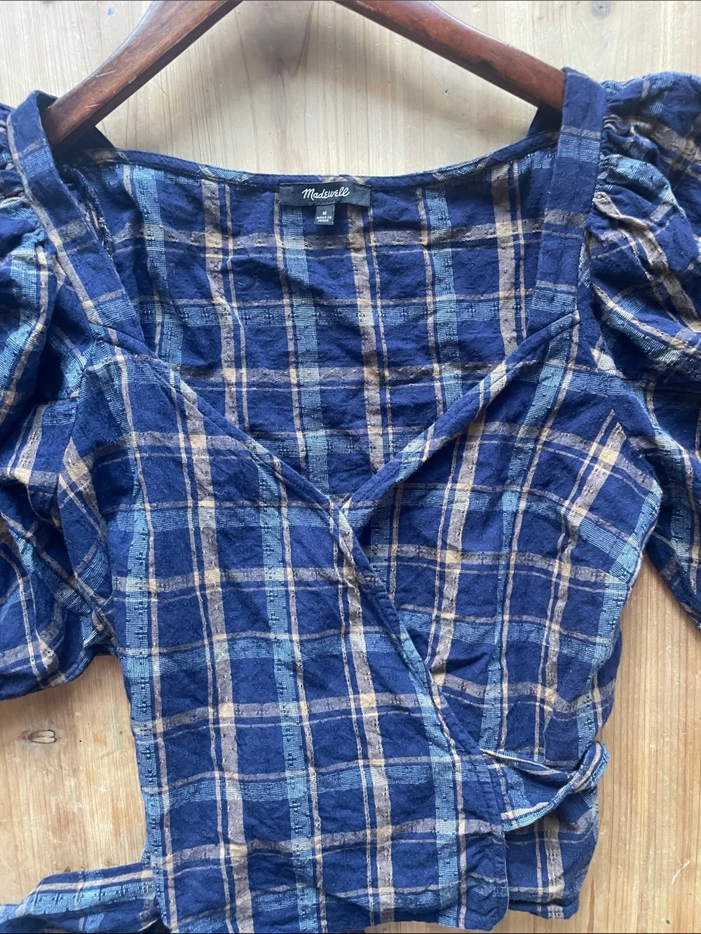 Madewell Navy and Tan Plaid Wrap Blouse with Puff Sleeves